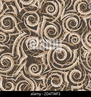 Nahtlose beige Vektor-Muster von fließenden Linien und Spiralen auf einem braunen Hintergrund.Textur für Stoff oder Geschenkpapier. Curlicues und fließende Linien. Stock Vektor