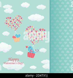Positive handgezeichnete Vektortext Liebe in der Luft ist mit einer Ballonfliege mit Wolken, Himmel und Herzen geschmückt. Stock Vektor