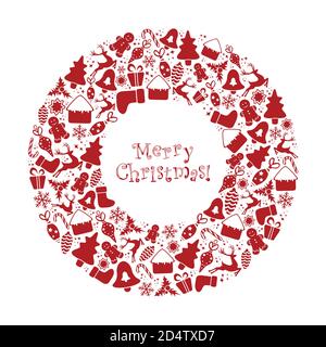 Vektorgrafik. Kranz mit Weihnachtsschmuck in rot. Winterschmuck auf weißem Hintergrund. Rahmen für Ihren Text Stock Vektor