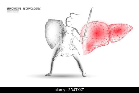 Low Poly 3D Human Lever khight Shield schützen. Medizin Erholung Technologie Medikament Medizin Konzept. Vektorgrafik Stock Vektor