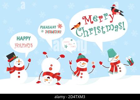 Winter Schneemann eingestellt. Lustige Schneemänner in verschiedenen Anzügen mit Herzlichen Glückwunsch. Vektorgrafik Stock Vektor