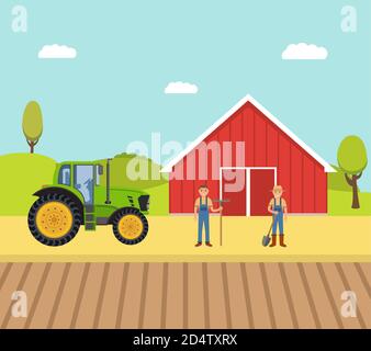 Farm mit einer Scheune und der Traktor und Bauern Männer in der Arbeit Overalls und Strohhüte. Stock Vektor