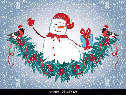Weihnachtskarte mit Schneemann in Santa Hut mit Geschenkbox und weihnachten dekorative Girlande und lustige Bullfinken. Postkarte im Neujahrsdesign. Stock Vektor