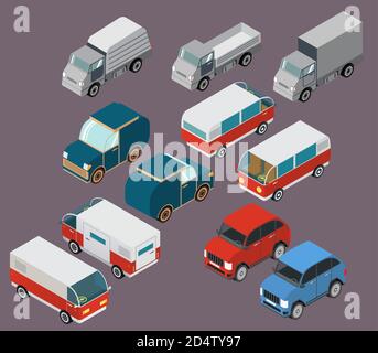 Satz von isometrischen Autos. LKW, Transporter, SUV. Ein Retro der Familie Minivan für Roadtrips und Reisen. Stock Vektor
