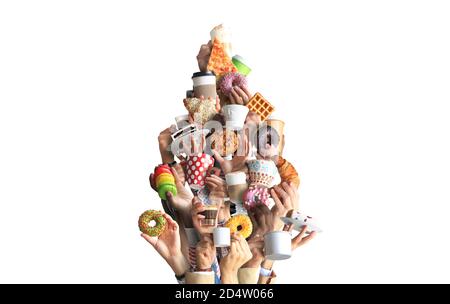 Die Leute halten Tassen und Pappbecher mit Kaffee und Desserts. Konzept zum Thema Cafés und Kaffee. Weihnachtsbaum. Stockfoto
