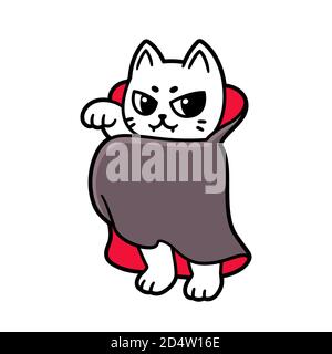 Cartoon Vampir Katze Charakter Zeichnung, lustige Halloween-Kostüm. Niedliche Kitty in Dracula Umhang. Isolierte Vektor-Clip Art-Illustration. Stock Vektor