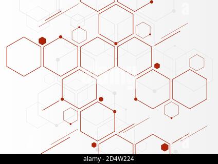 Abstrakte rote geometrische Sechsecke molekulare Strukturen auf weißem Hintergrund. Konzept der Verbindungstechnik für soziale Netzwerke. Vektorgrafik Stock Vektor
