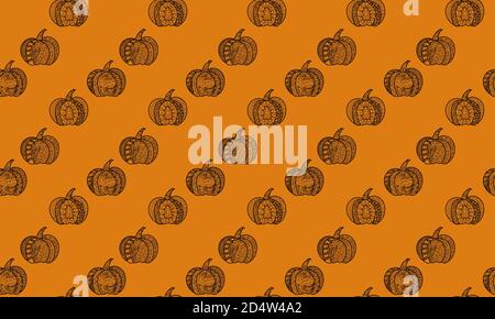 Nahtloses Muster von tracery Halloween und thanksgiving Kürbisse auf einem Orangefarbener Hintergrund Stock Vektor