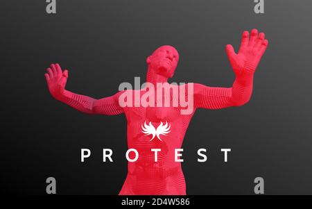Protestor. Vector Mann mit der Hand bis zum Anschlag. Mensch zeigt Stop-Geste. 3D-Modell des Menschen. Vektorgrafik. Stock Vektor