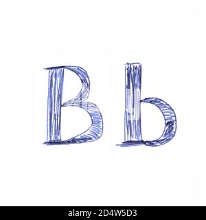 BB - Buchstabe des Alphabets von Hand mit einem blauen Kugelschreiber gezeichnet. Eine einzigartige Schriftart. Stockfoto