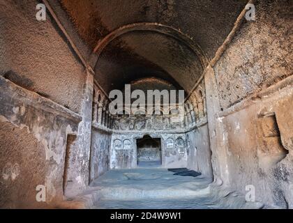 Innenansicht der frühen christlichen Felskirche in vulkanischem Gestein geschnitten. 8.-9. Jh. n. Chr. Kathedrale von Selime in Kappadokien, Ilhara Vallet, Türkei Stockfoto