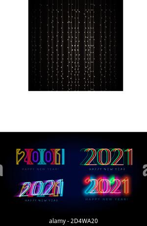 Neue Jahr 2021 Zahlen für digitale Display-Design. Neon Beleuchtung Plakate für Party, Event, Einladungen und Kalender in Cyberpunk, Rave, beliebt Stock Vektor