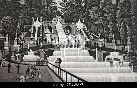 Paris, Parc de Saint-Cloud, La Grande Cascade, Frankreich, historische Kupferplattenradierung von 1860 Stockfoto