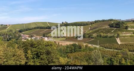 Blick auf die herrlichen Weinberge der Langhe, die mit Nebbiolo-Trauben aus dem kleinen Dorf Castiglione Falletto in der Provinz Cuneo angebaut werden. Stockfoto