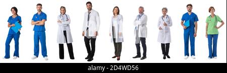 Sammlung von Porträts von Ärzten in voller Länge. Design-Element, Studio isoliert auf weißem Hintergrund Stockfoto