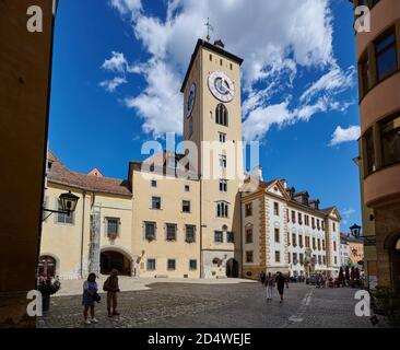 Uhrturm des alten Rathauses von Regensburg, Bayern, Deutschland Stockfoto