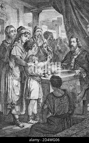 Gläubige legten ihr Geld den Aposteln zu Füßen, historischer bibelstahlstich von 1860 Stockfoto