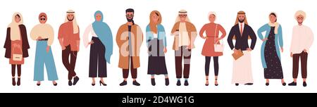 Muslime Mode Vektor Illustration Set. Cartoon flach Arabisch modische moderne Kleidung Stil für muslimische Frau und Mann, weibliche Charaktere in Hijab, männliche arabische saudische Kleidung auf weiß isoliert Stock Vektor