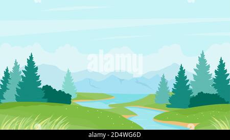 Fluss Sommer Landschaft Vektorgrafik. Cartoon natürliche friedliche Landschaft mit ruhigen Flusswasser, grüne Gras Wiese Hügel und Pinienwald an Flussufern, Sommer Natur Blick Hintergrund Stock Vektor