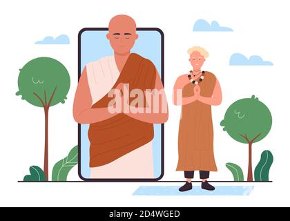 Buddhismus Online-Service für zen Meditation Vektor Illustration. Cartoon flachen Mann Charakter meditieren online mit buddhistischen Mönch, mit Videoanruf Smartphone-App, religiöse Technologie isoliert auf weiß Stock Vektor