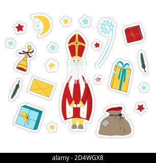 St. Nikolaus. St. Nikolaus Tag Aufkleber. Elemente für den Urlaub. Geschenk, Überraschung, Tannenzweige Stock Vektor