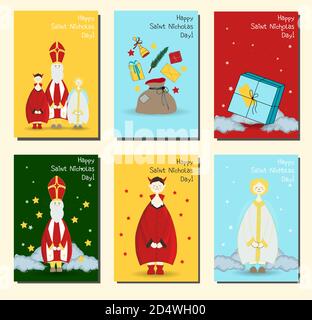 St. Nikolaus, christlicher Feiertag. Set von Plakaten oder Spruchbändern. Postkarten Set Happy saint nicholas Day Stock Vektor