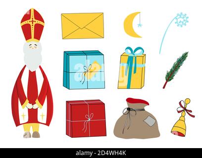 St. Nikolaus, Charakter isoliert auf weißem Hintergrund. Alles gute zum tag des heiligen nikolaus. Elemente für den Urlaub. Aufkleber, Clipart. Stock Vektor