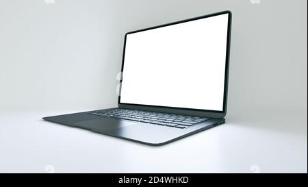 Dunkelgraue Aluminiumtasche Laptop-Konzept mit leerem Bildschirm und Effektive Beleuchtung Boden Konzept Hintergrund 3D-Rendering Stockfoto