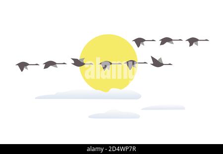 Wilde Gänse fliegen bei Sonnenuntergang minimalistische Ikone Stock Vektor