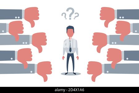 Traurige Geschäftsmann Charakter auf den Knien und viele Hände mit Daumen nach unten. Stock Vektor