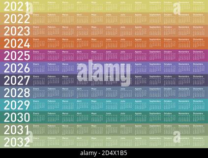 Farbenfroher Kalender für die Jahre 2021, 2022, 2023, 2024, 2025, 2026, 2027, 2028, 2029, 2030, 2031 und 2032, auf Spanisch. Vektorformat. Stock Vektor