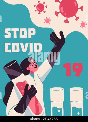 Kampf mit Coronavirus Konzept. Illustration eines Arztes, der mit dem Coronavirus covid-19 kämpft. Poster zur Krankheitskampagne. Vektor Stock Vektor