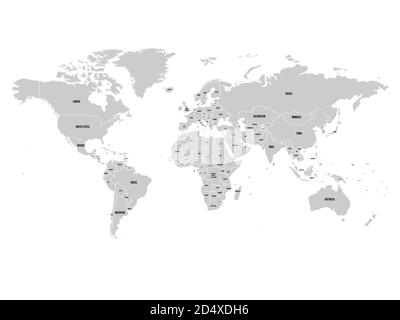 Politische Weltkarte mit Antarktis. Graues Land, weiße Ränder auf weißem Hintergrund. Schwarze Bezeichnungen von Bundesstaaten und bedeutenden abhängigen Gebieten. Detailreiche Vektorgrafik. Stock Vektor