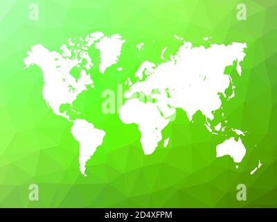 Karte der Welt auf Low-Poly-Hintergrund. Weltkarte im Hintergrund aus Dreiecken. Weiße Vektorgrafik auf grünem polygonalen Formhintergrund. Stock Vektor