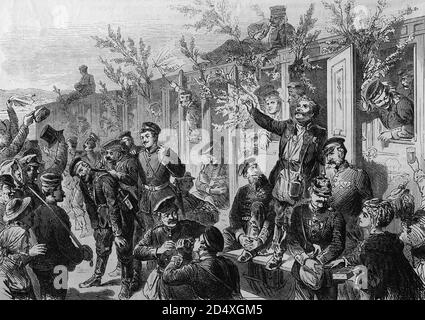 Ankunft des infanterie Regiments Nr. 17 an der Wasserstation in Düsseldorf, illustrierte Kriegsgeschichte, Deutsch-Französischer Krieg 1870-1871 Stockfoto