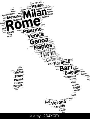 Wortwolke in Form von Italien enthält große italienische Städte. Schwarzer Text auf weißem Hintergrund in positiver Steigung, Vektordarstellung Stock Vektor