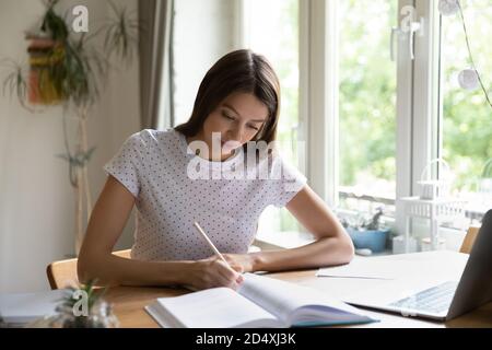 Fokussierte junge hübsche Studentin, die zu Hause studiert. Stockfoto