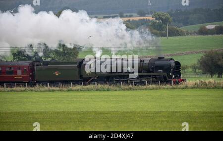 Dampflokomotive, Mechant Navy Class, British India Line 35018, Southbound nördlich von Penrith CA11 0JD Stockfoto