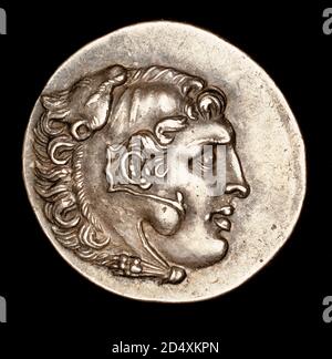 Seltene antike griechische Münze, Silberne Tetradrachme, Clozomenae (posthume Ausgabe) Alexander der große mit Nemean Lion Helm, 200 v. Chr. Stockfoto