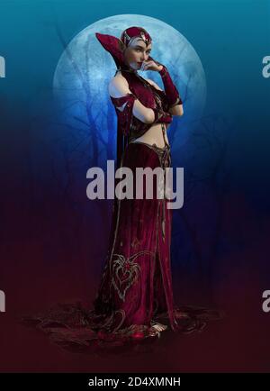 3d-Computergrafik einer Dame mit einem Fantasy-Kleid In weinroter Farbe Stockfoto