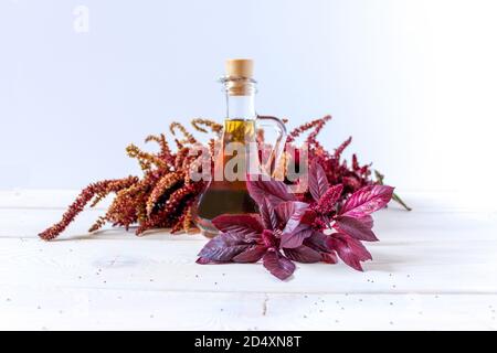 Ein Zweig von rotem Amaranth mit Blättern und Samen, Öl in einem Gefäß. Stockfoto