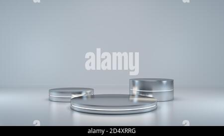 Chrome Zylinder Plattform abstrakten Hintergrund mit neon Licht glänzend metallischen Podium. Realistisches 3D-Rendering des Produktständers Stockfoto