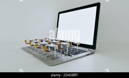 Digitales Klassenzimmer-Konzept für Online-Bildung. Moderne Klassenzimmer-Schreibtische auf der Laptop-Tastatur. Soziale Fernbildung. 3D-Rendering Stockfoto