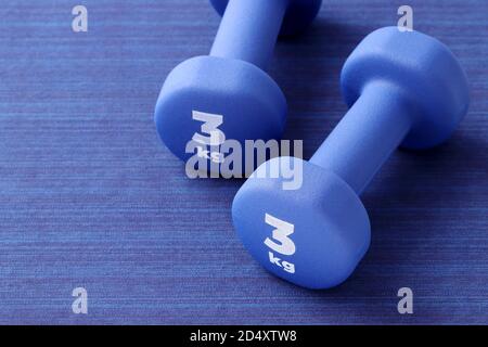 Zwei Paar blaue Fitness-Hanteln auf Holzboden, Konzept gesunde Lebensweise, Sport und Ernährung. Sportausrüstung. Stockfoto