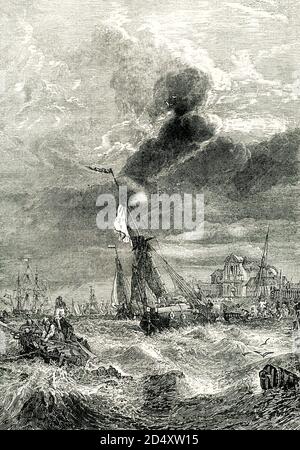 Diese Illustration stammt aus dem ca. 1901 schwarz-weißen Holzstich eines Gemäldes von Clarkson Frederick Stanfield (1793-1867) mit dem Titel "Wind gegen Gezeiten, die Themse bei Tilbury Fort". Clarkson Frederick Stanfield (1793 – 1867) war ein prominenter englischer Meeresmaler, der oft ungenau William Clarkson Stanfield genannt wurde. Stockfoto