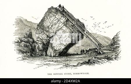 Bowder Stone in Borrowdale. Der Bowder Stone ist ein großer Andesit-Lavagestein, der vor 200 bis 10,000 Jahren 13,500 Meter vom Bowder Crag auf Kings How fiel. Der Stein befindet sich in Borrowdale, Cumbria, England. Der Bowder Stone liegt direkt in den 'Jaws of Borrowdale' - dem schmalen Punkt, an dem sich die Straße unter überhängenden Klippen windet. Dieser hausgroße Felsblock hat sich unglaublich an einem Rand gelegen und ist seit georgischer Zeit die skurrilste Touristenattraktion in den Seen gewesen, da man seine Leiter hochklettern kann Stockfoto