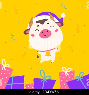 Weihnachts-Design-Vorlage mit niedlichen Ochsen Stock Vektor