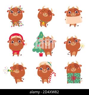 Set von niedlichen Cartoon Ochse und Kühe.Frohes neues Jahr Stock Vektor
