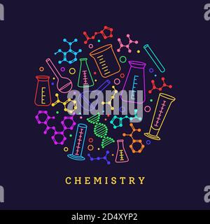 Kolben, Becher und Struktur chemische Atom. Laborgeräte Doodle Sammlung. Chemie Wissenschaft Sammlung, DNA-Molekül. Erlenmeyerkolben, Destillation, volumetrisches Reagenzglas. Gefärbtes Zellprotein Stock Vektor
