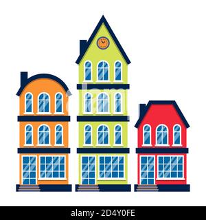 Drei Cartoon Häuser bunte Architektur Amsterdam. Nahaufnahme Graphic Icon Stadthaus, europäischer Stil. Flaches städtisches Gebäude hohe Stadt und Vorstadthaus. Isoliert auf weißer Vektorgrafik Stock Vektor